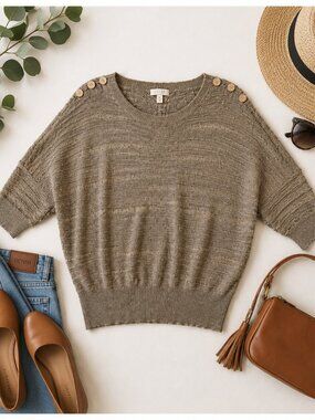 Laura Petites Textured Button Shoulder Knit Sweater Taupe Beige Boho M/M